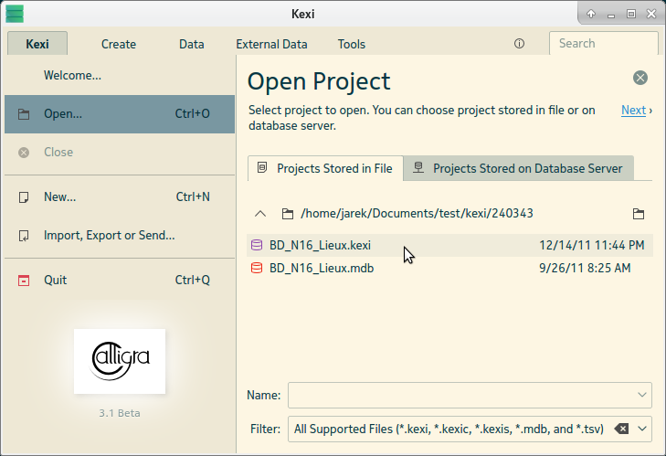 Simplified file requester in KEXI 3.1